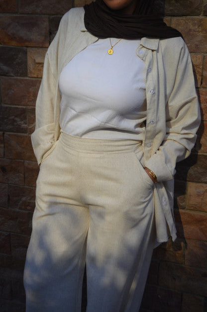 Linen Polka Dot Shirt & Pants Set with Belt – Beige