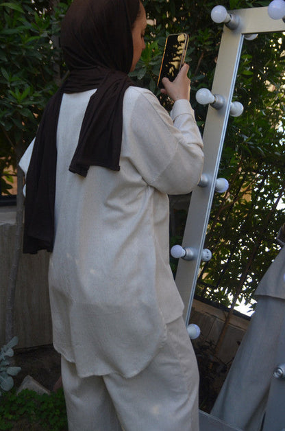 Linen Polka Dot Shirt & Pants Set with Belt – Beige