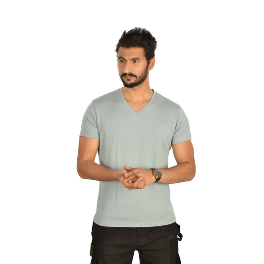 Cotton Lycra Solid V-Neck Short Sleeve T-Shirt – Grey