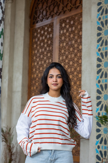 Poplin Stylish Knit Pullover - White & Red