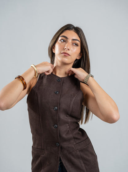 Suede Solid Button Vest – Brown