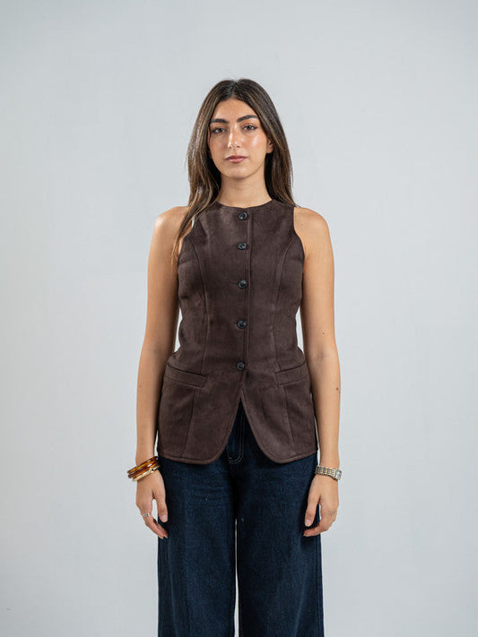 Suede Solid Button Vest – Brown