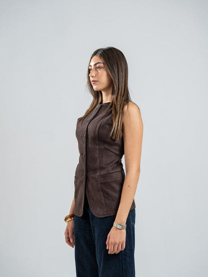 Suede Solid Button Vest – Brown