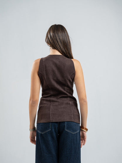 Suede Solid Button Vest – Brown