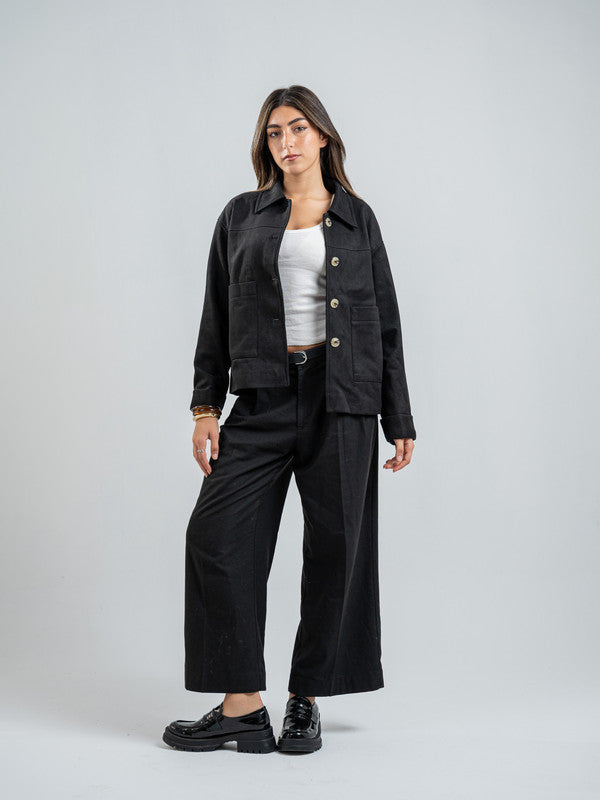 Suede Solid Button Jacket – Black