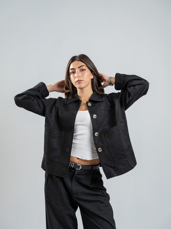 Suede Solid Button Jacket – Black