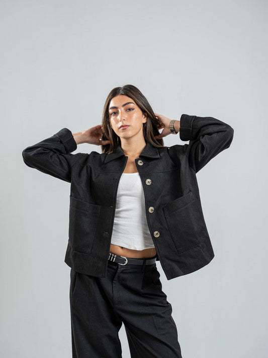 Suede Solid Button Jacket – Black