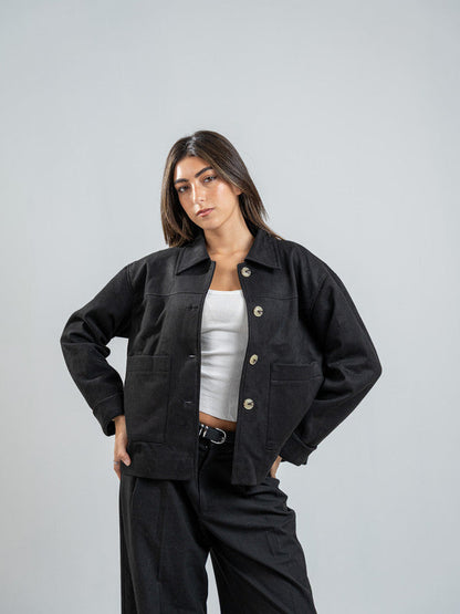 Suede Solid Button Jacket – Black