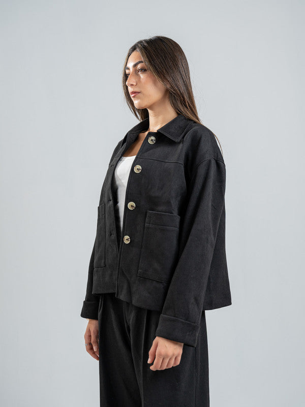 Suede Solid Button Jacket – Black