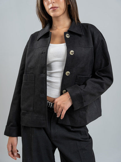Suede Solid Button Jacket – Black