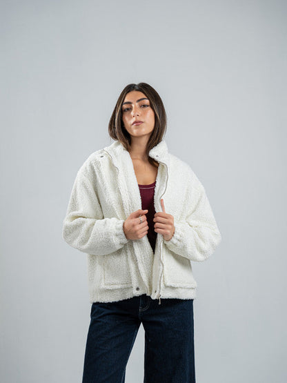 Teddy Fur Zip Jacket – White
