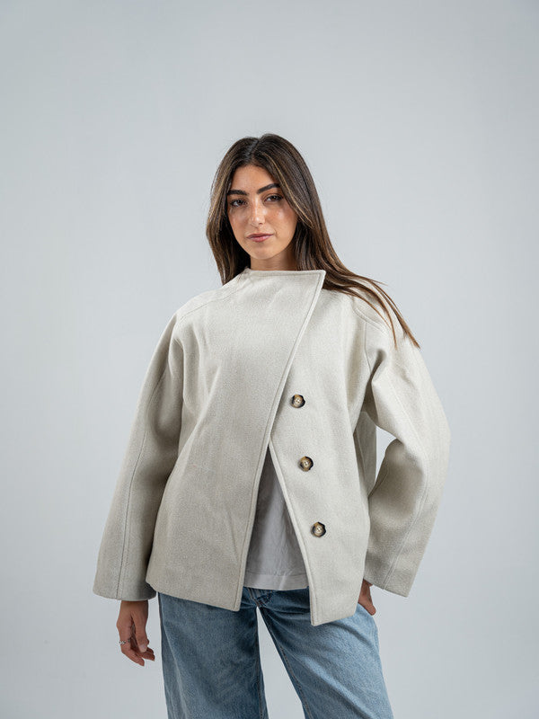 Wool Asymmetric Button Jacket – Light Grey