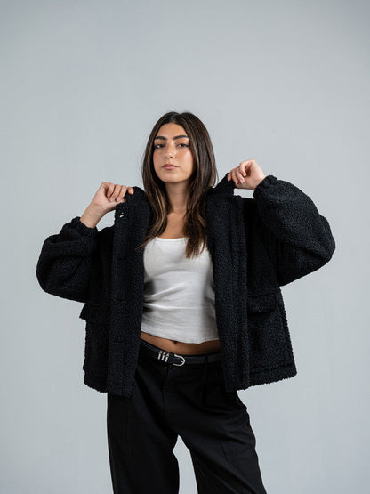 Teddy Fur Zip Jacket – Black