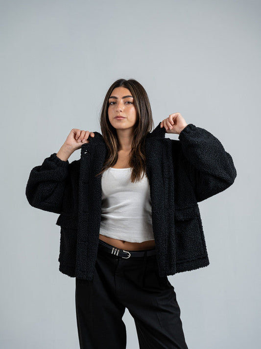 Teddy Fur Zip Jacket – Black