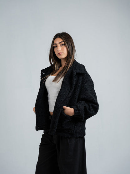 Teddy Fur Zip Jacket – Black