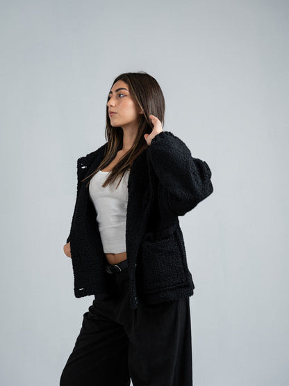 Teddy Fur Zip Jacket – Black