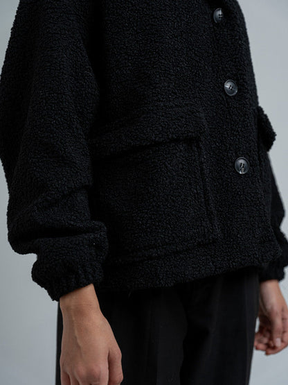 Teddy Fur Button Jacket – Black