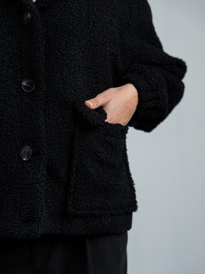 Teddy Fur Button Jacket – Black