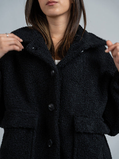 Teddy Fur Button Jacket – Black