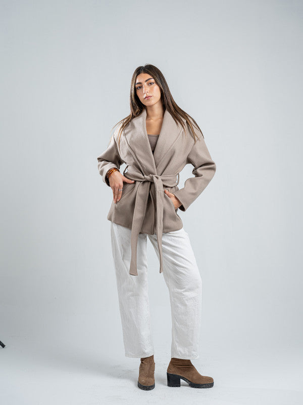 Wool Blend Felt Solid Belted Jacket – Café