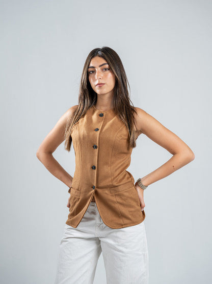 Suede Solid Button Vest – Beige