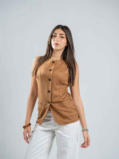 Suede Solid Button Vest – Beige