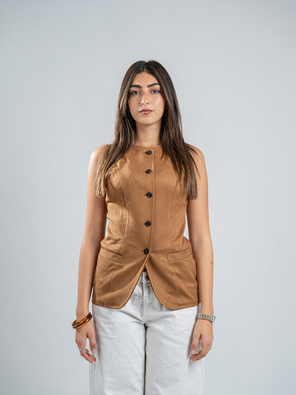 Suede Solid Button Vest – Beige