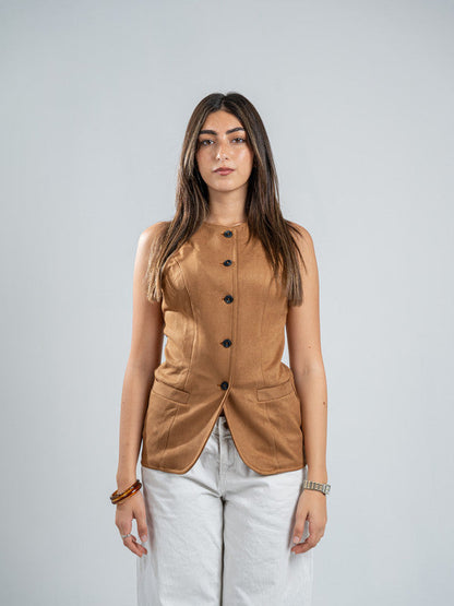 Suede Solid Button Vest – Beige