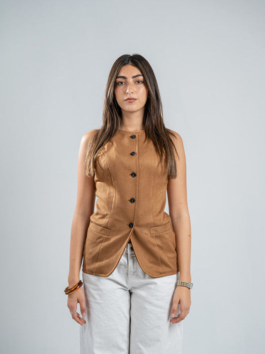 Suede Solid Button Vest – Beige