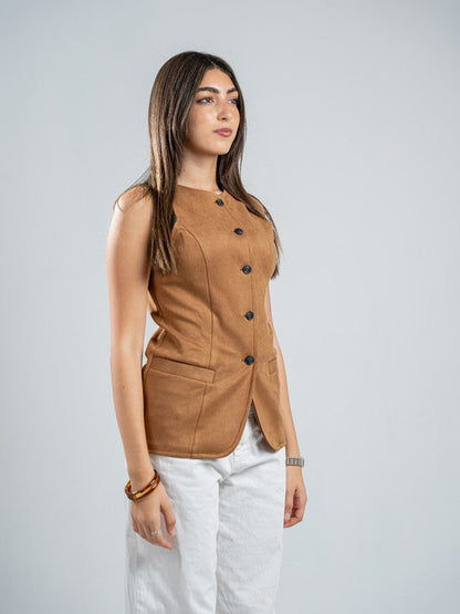 Suede Solid Button Vest – Beige