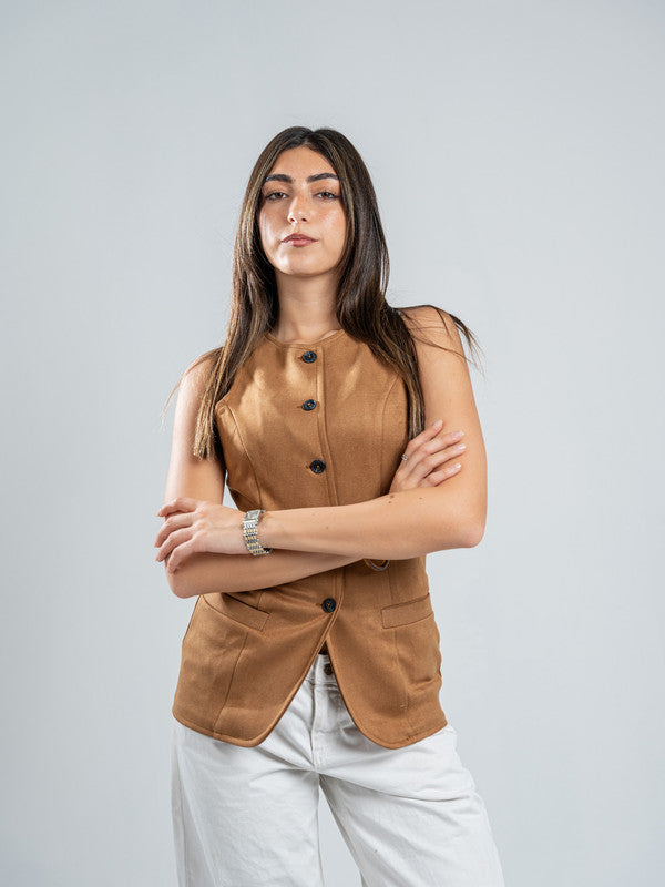Suede Solid Button Vest – Beige
