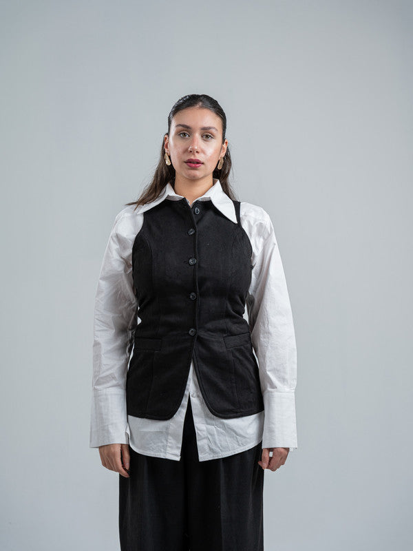 Suede Solid Button Vest – Black