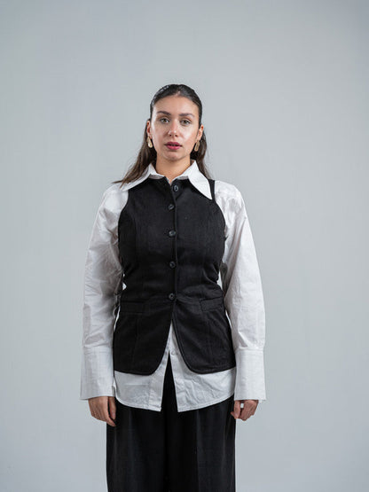 Suede Solid Button Vest – Black