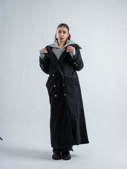 Wool Double-Breasted Coat – Black