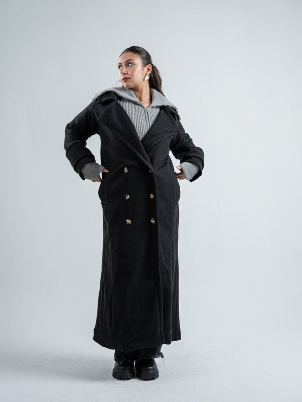 Wool Double-Breasted Coat – Black