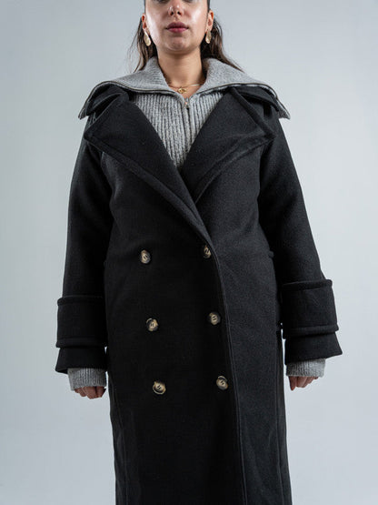 Wool Double-Breasted Coat – Black