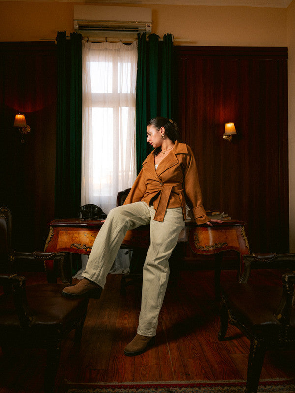 Suede Belted Wrap Jacket – Beige