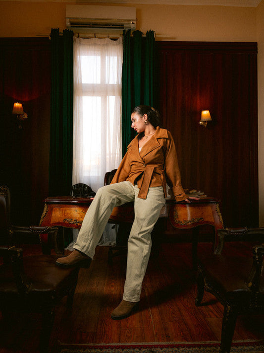 Suede Belted Wrap Jacket – Beige