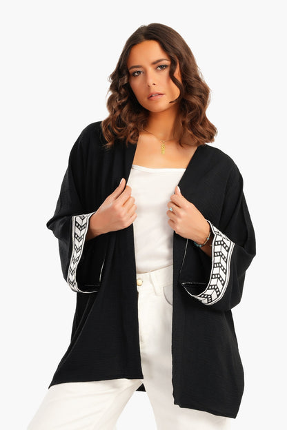 Back Palm Print Kimono - Black