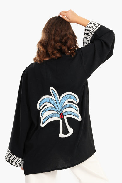 Back Palm Print Kimono - Black
