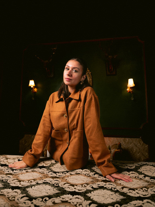 Suede Solid Button Jacket – Beige