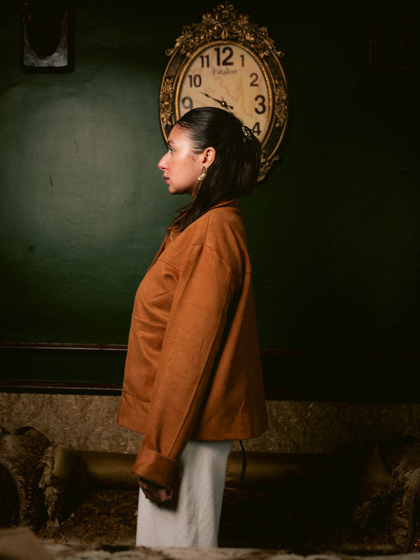 Suede Solid Button Jacket – Beige