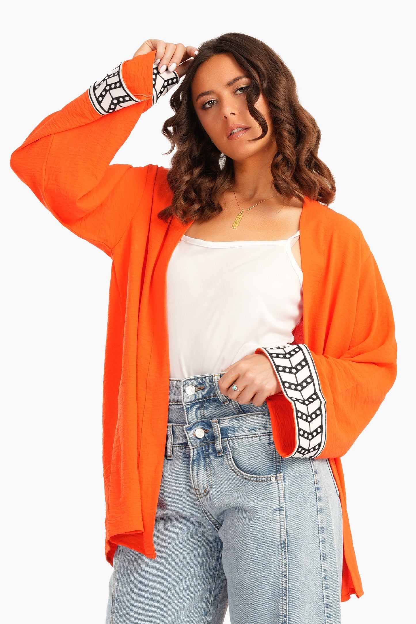 Back Palm Print Kimono - Orange