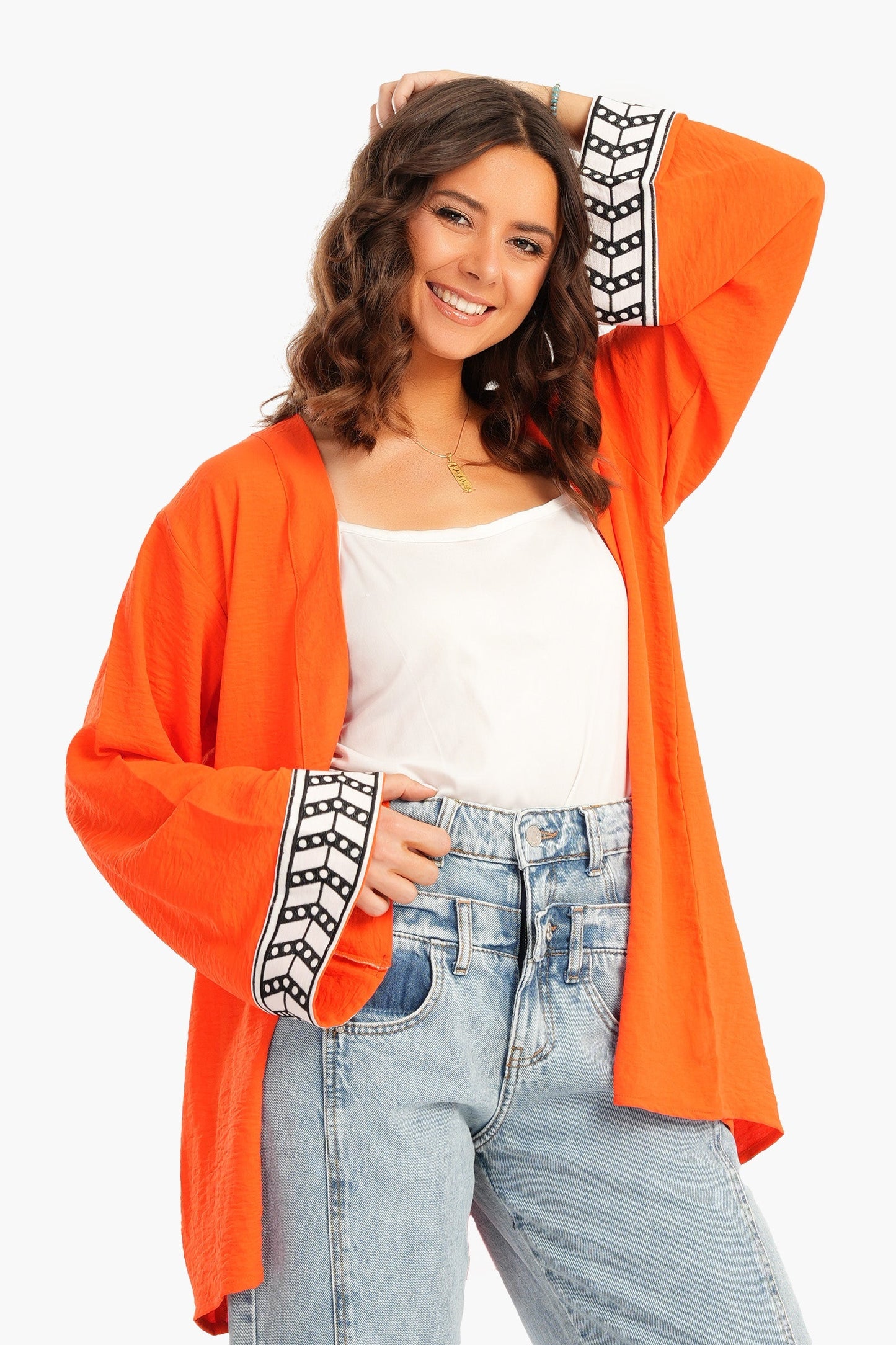 Back Palm Print Kimono - Orange