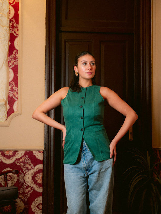 Suede Solid Button Vest – Green