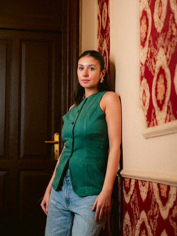 Suede Solid Button Vest – Green