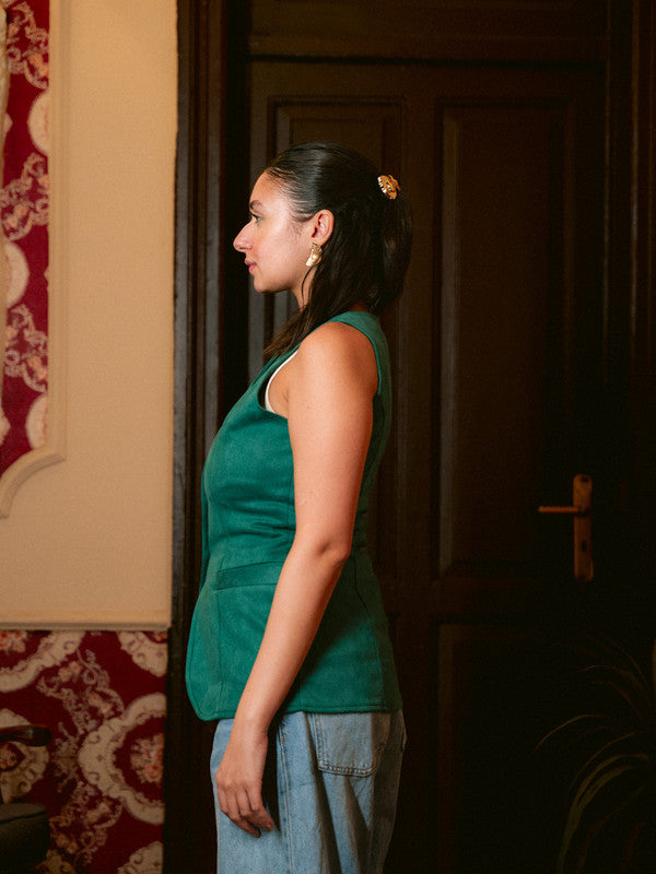 Suede Solid Button Vest – Green