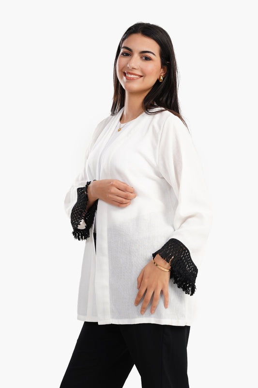 Cardigan with Fringe Cuffs - White