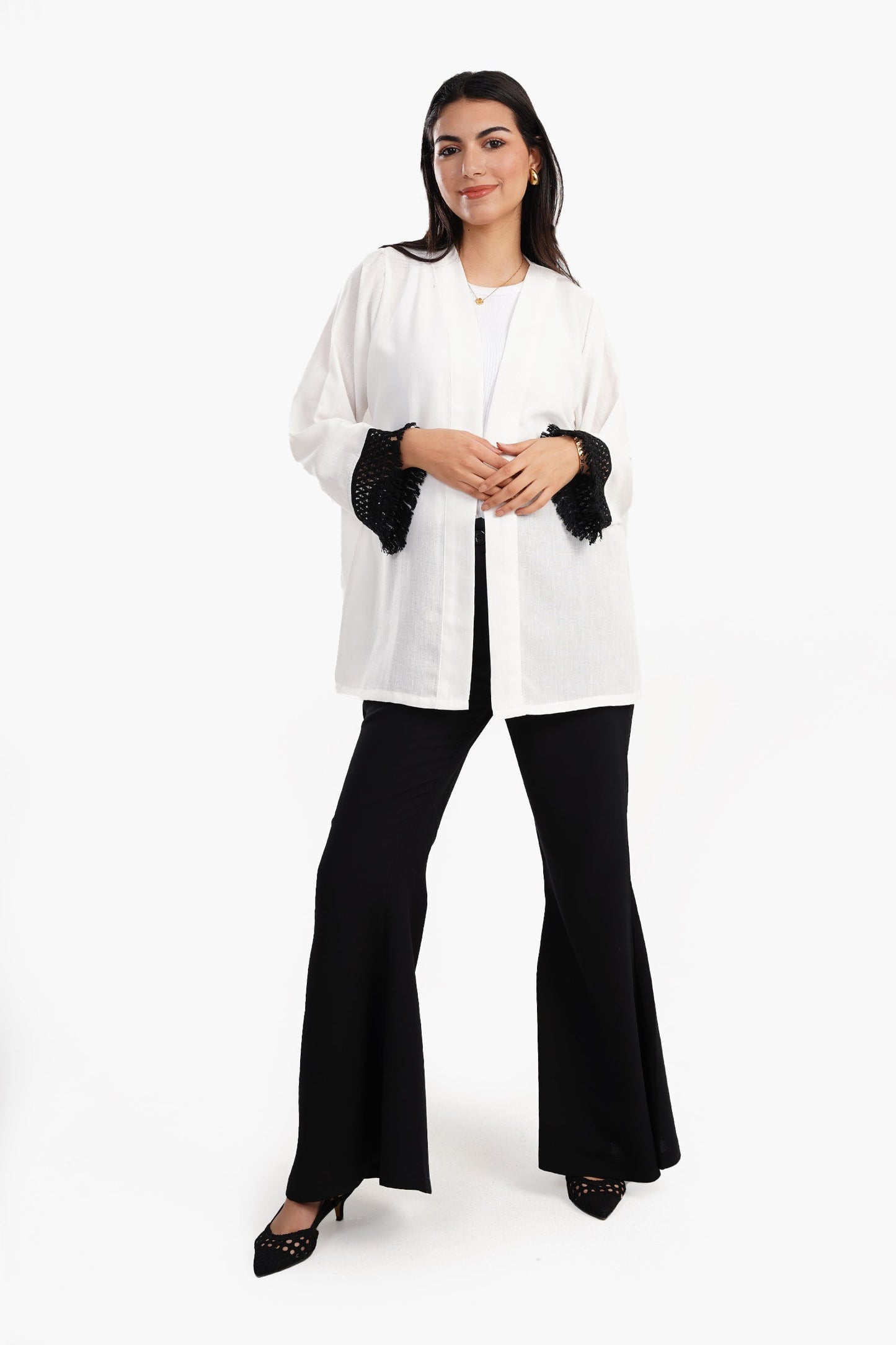 Cardigan with Fringe Cuffs - White