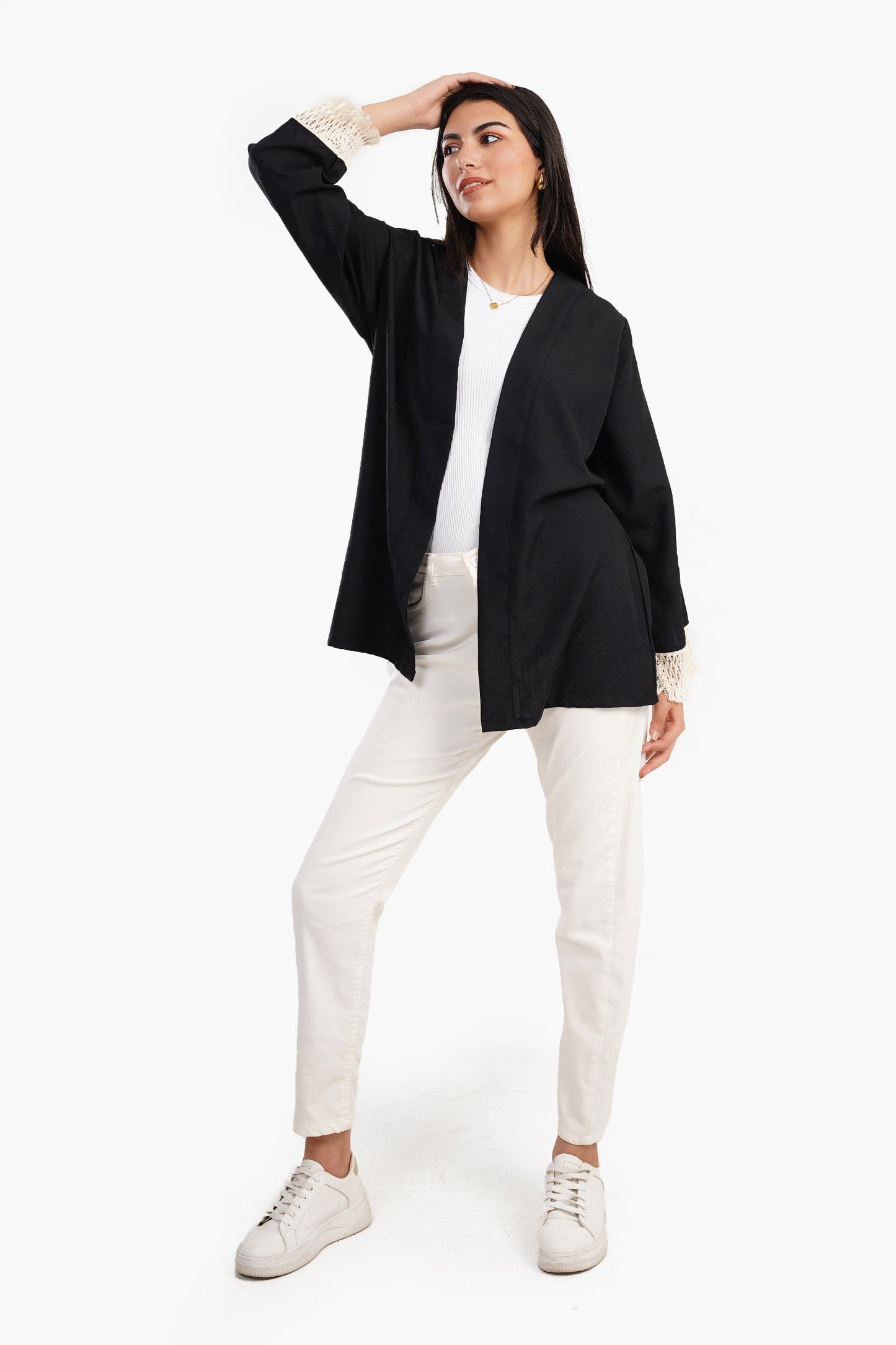 Cardigan with Fringe Cuffs - Black